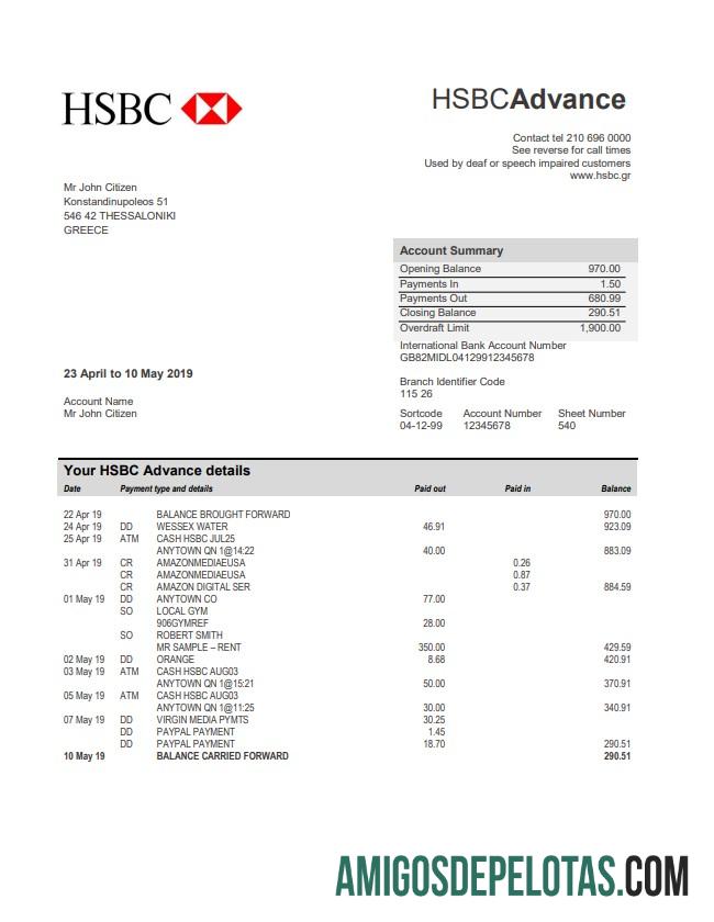 Modelo de extrato bancário HSBC da Grécia